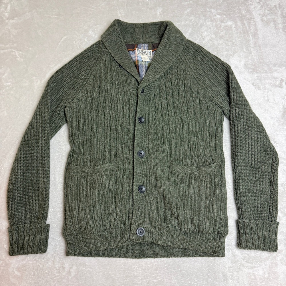 Duluth Trading Woolpaca Shawl Cardigan Men L Olive Green Plaid Lined Wool Alpaca